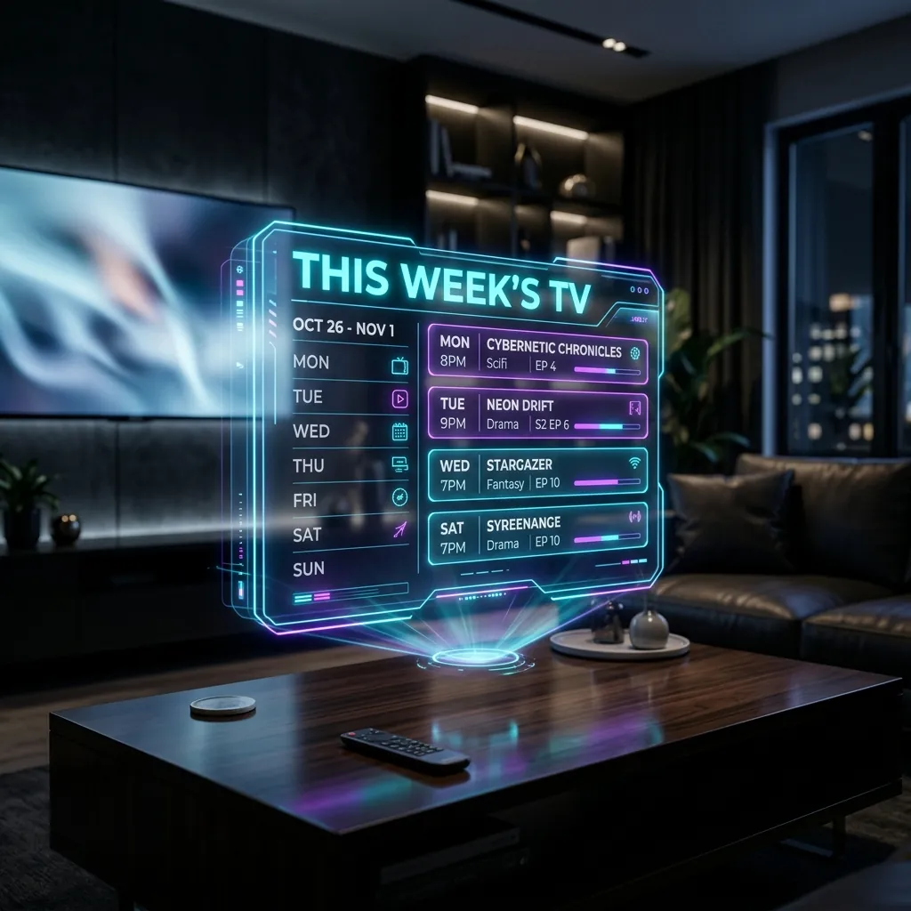 A futuristic holographic calendar glowing with vibrant cyan and purple UI elements, displaying This Week's TV, floating over a dark sleek living room table