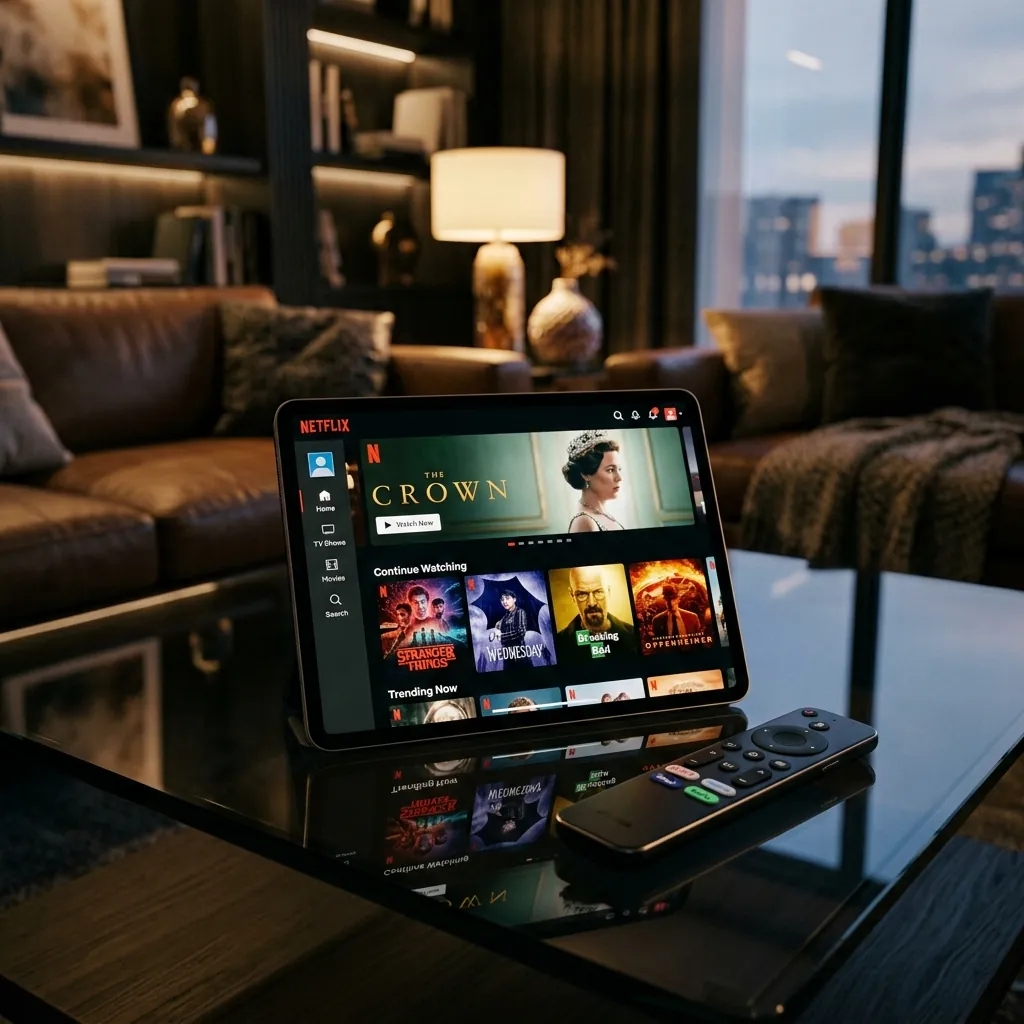 A sleek tablet and smart remote control displaying a bright, modern streaming interface on a dark glass table in a premium room