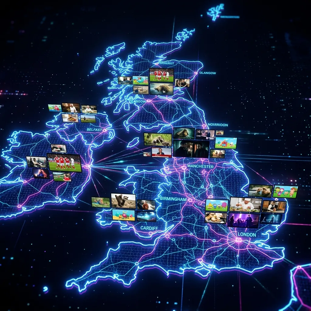 A high-tech digital glowing grid showing diverse television content broadcasting across an abstract neon map of the UK