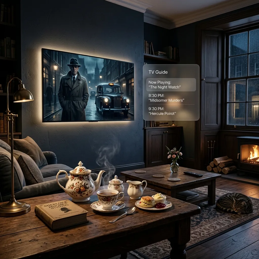 A cozy British living room setting with an ornate tea setup and a glowing modern smart TV on the wall, showing a classic detective drama scene