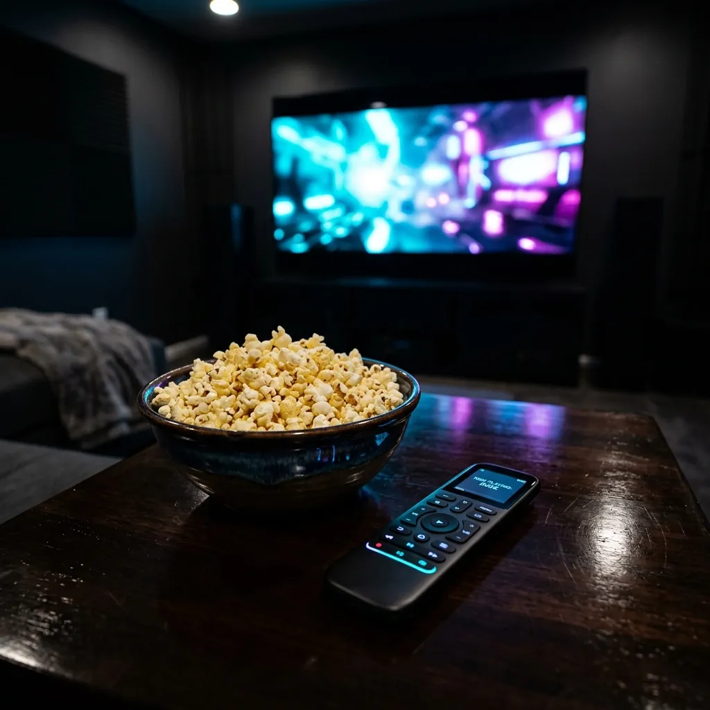 Cinematic lighting, high angle shot of a bowl of popcorn and a sleek smart home theater remote control glowing on a glossy dark table