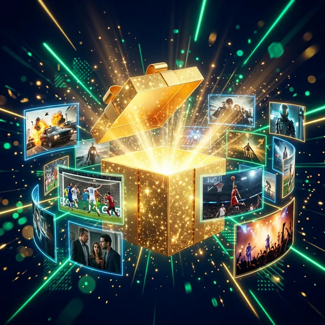 Gold gift box opening to reveal live football, films and UK TV channels — BritStream's £10 one-month IPTV trial