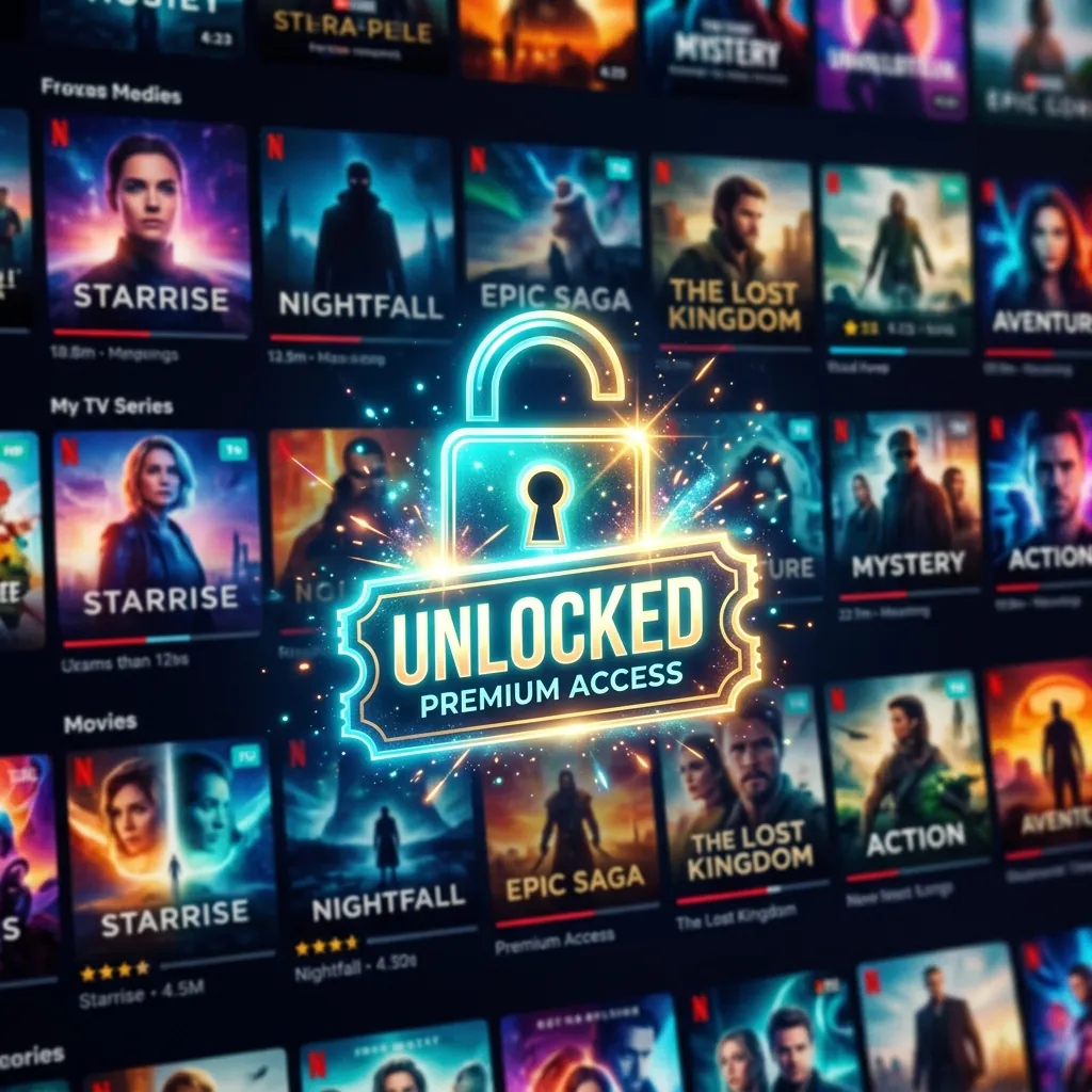 A digital glowing 'unlocked' icon or premium ticket over a blurred, vibrant background of media content and movies
