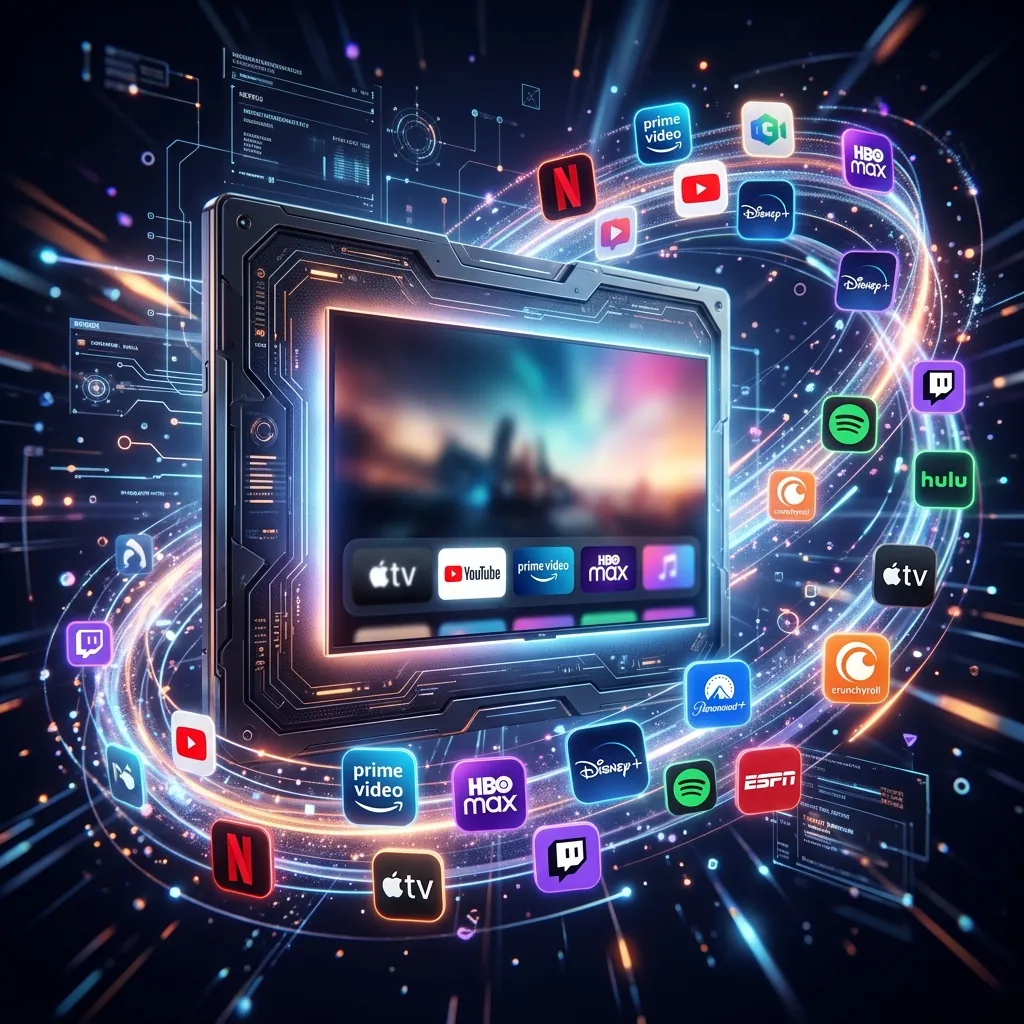 Abstract tech interface showing various streaming app icons floating dynamically around a sleek flat screen TV