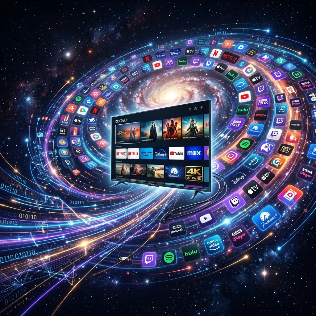 A modern flat-screen television floating in a dark void, surrounded by a swirling galaxy of digital streaming icons and high-speed internet data streams