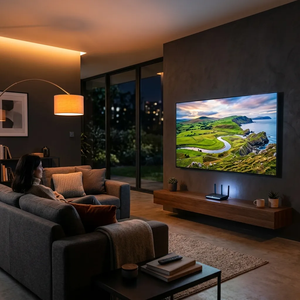 Family enjoying multi-screen streaming with smart TV, tablet and phone in a modern living room