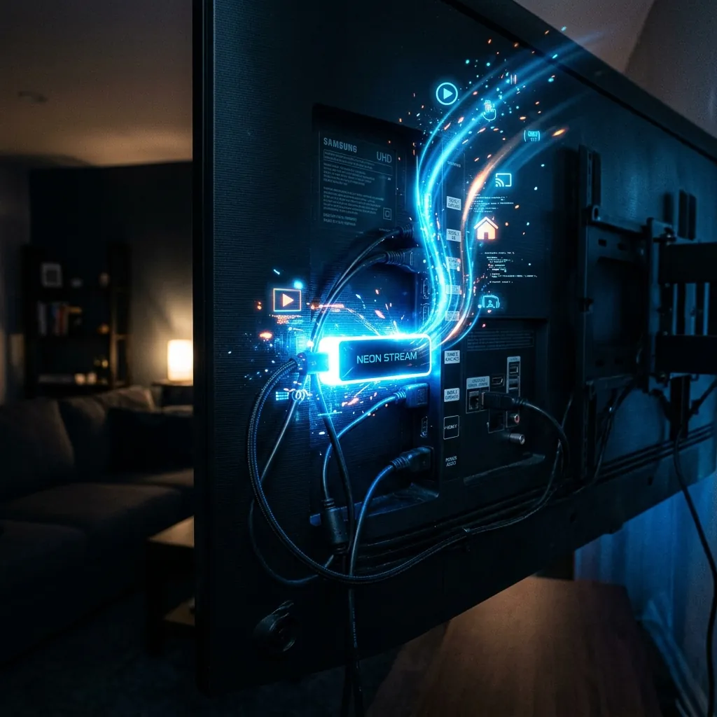A vibrant, glowing streaming stick plugged into the back of a TV in the dark, emitting a cool blue light and digital interface trails