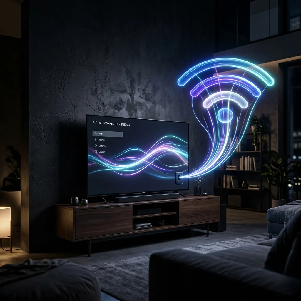 A sleek, minimalist Smart TV on a dark stand, with abstract glowing wi-fi waves replacing a traditional aerial connection, set against a dark cinematic background