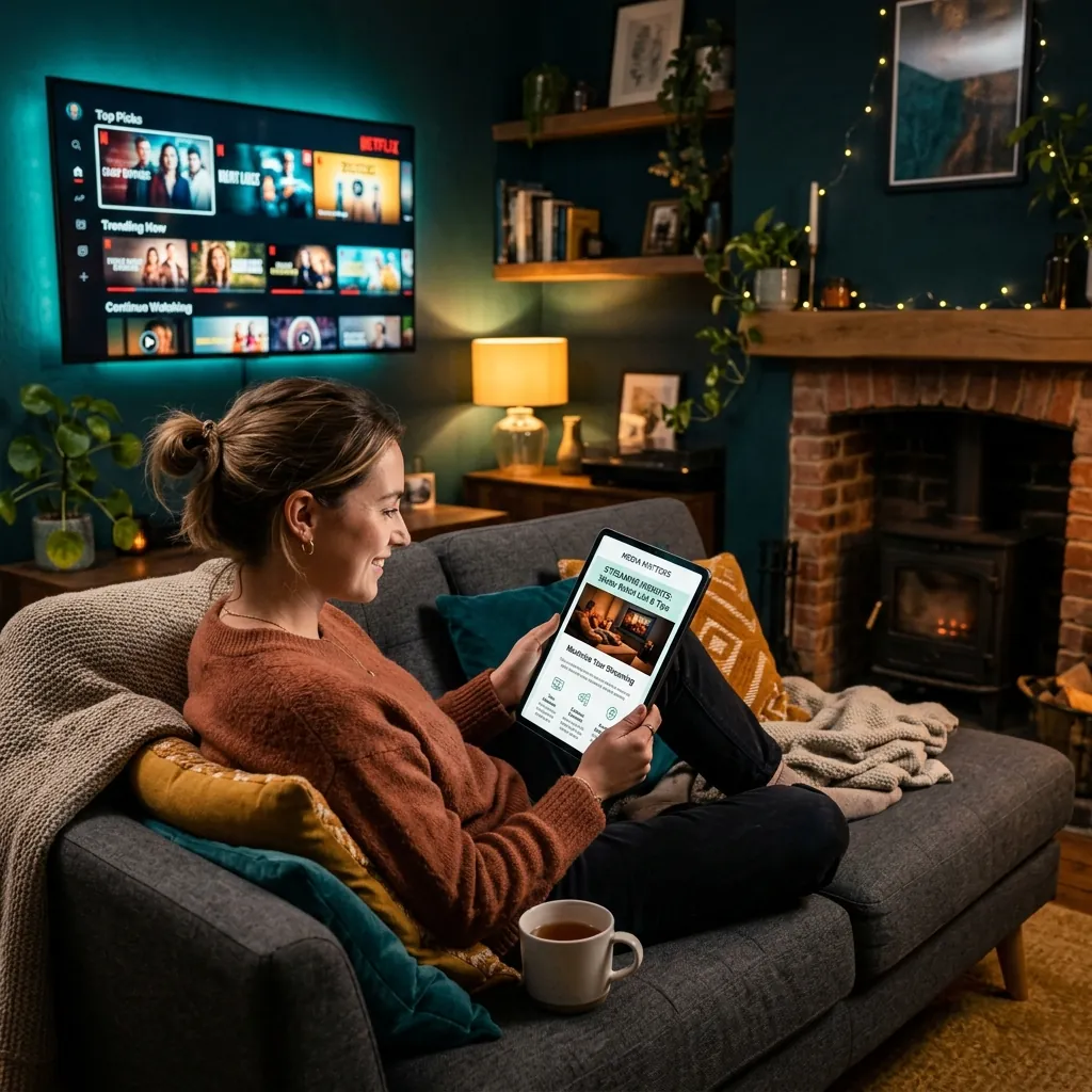 Person relaxing in a cozy UK living room with smart TV and streaming devices
