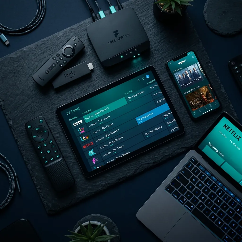 Collection of streaming devices including Firestick, Freeview box, tablet, and laptop arranged on a dark surface