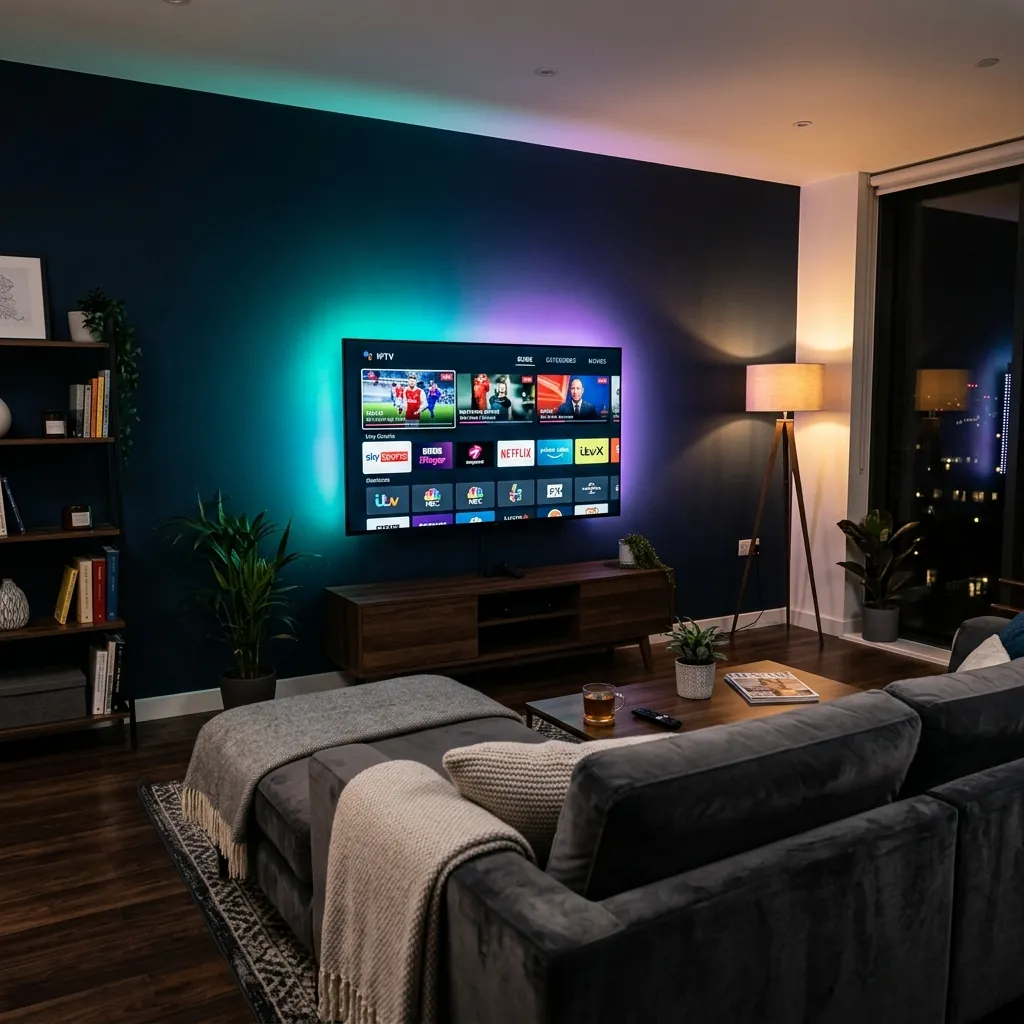 Modern UK living room with smart TV displaying IPTV streaming interface with ambient teal and purple lighting
