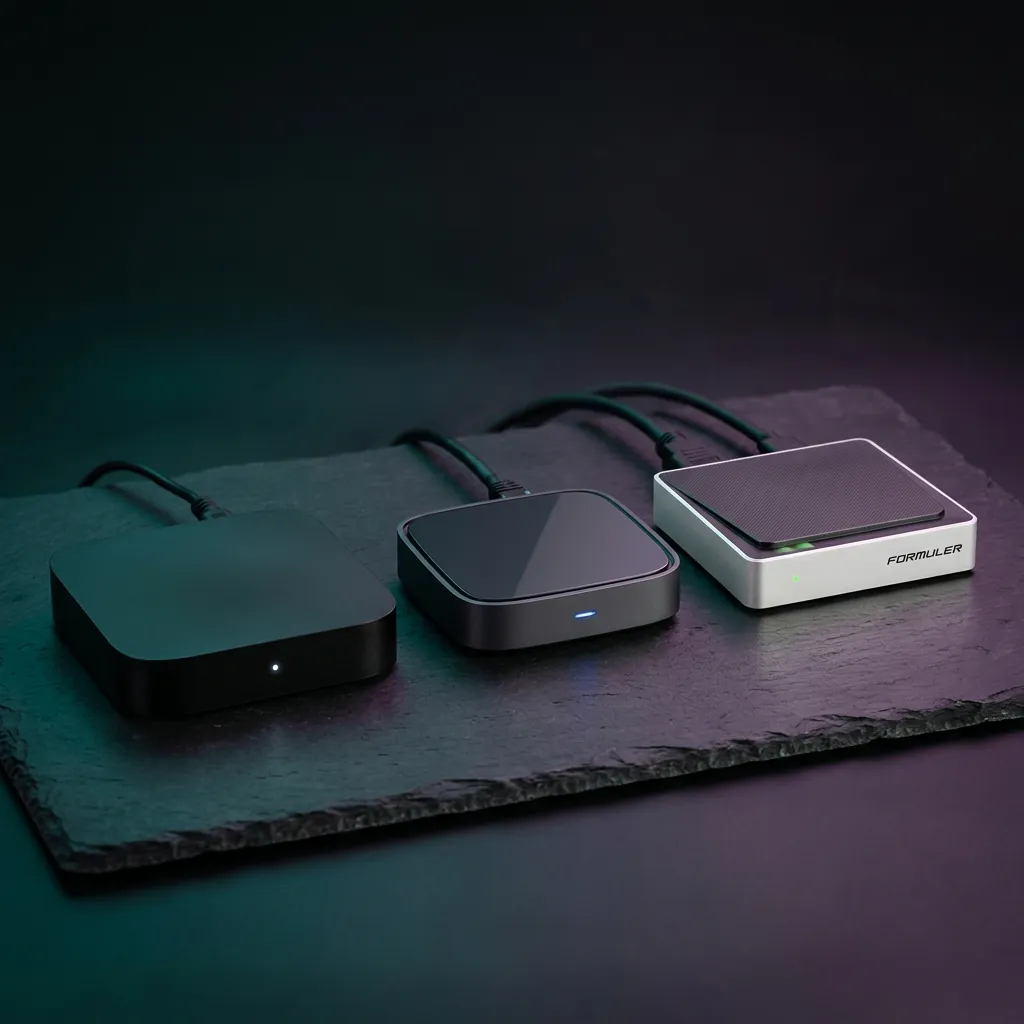 Three IPTV boxes compared: Android TV box, MAG box, and Formuler box arranged on dark slate surface