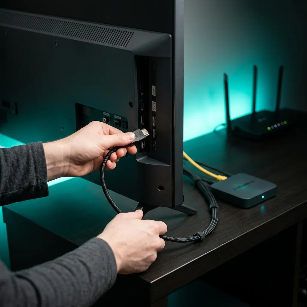 Hands connecting HDMI cable from IPTV streaming box to TV with WiFi router in background