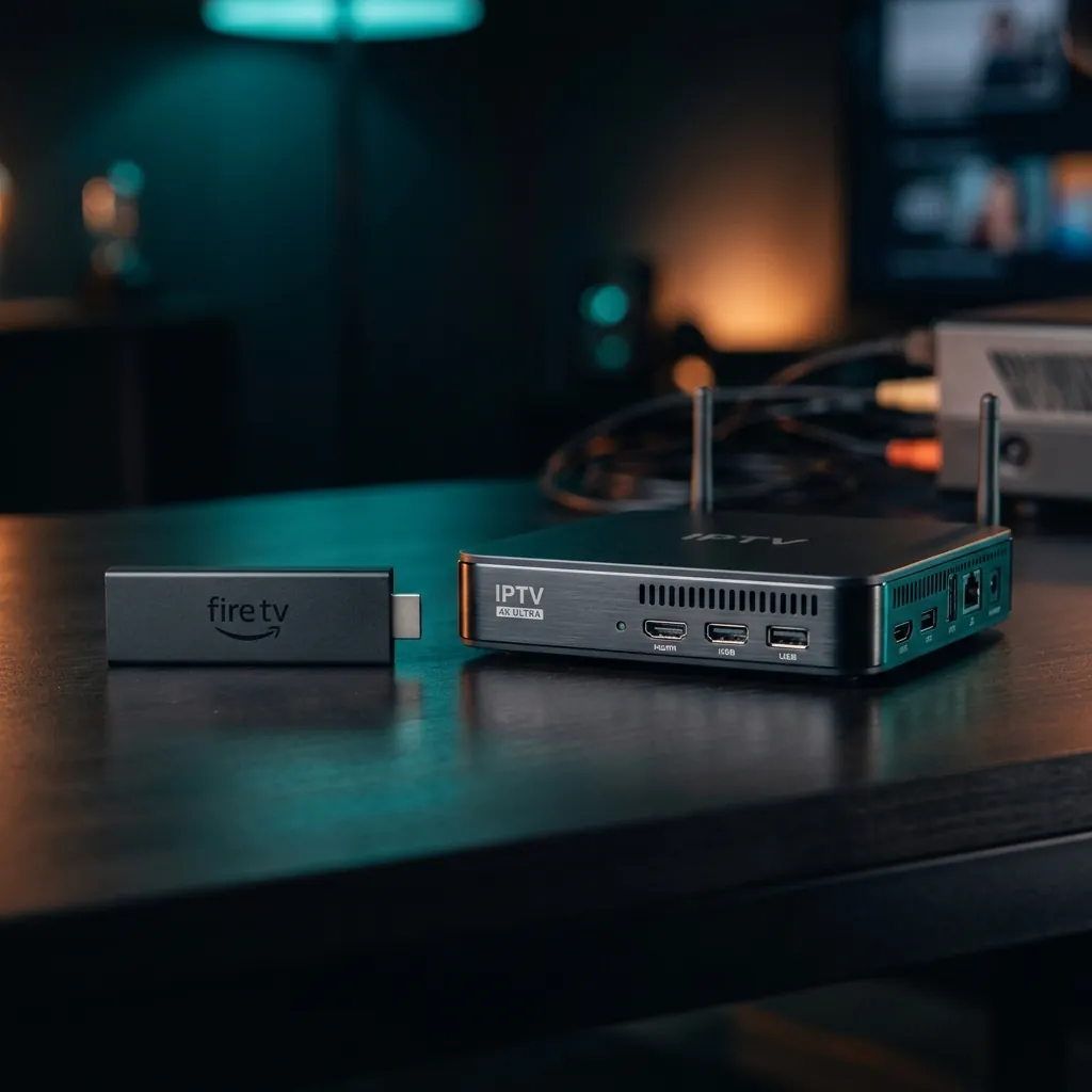 Amazon Fire TV Stick next to a premium IPTV set-top box on a dark surface showing size comparison