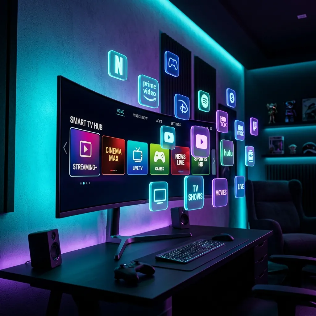 A curved ultra-wide smart monitor in a dark cinematic room, glowing with generic TV channel app icons floating in 3D around it