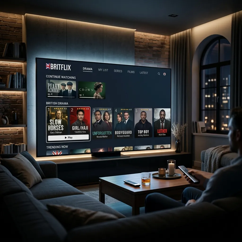 A cinematic representation of a premium streaming service interface focused on British drama, displayed on a glowing screen in a dark, high-end living room