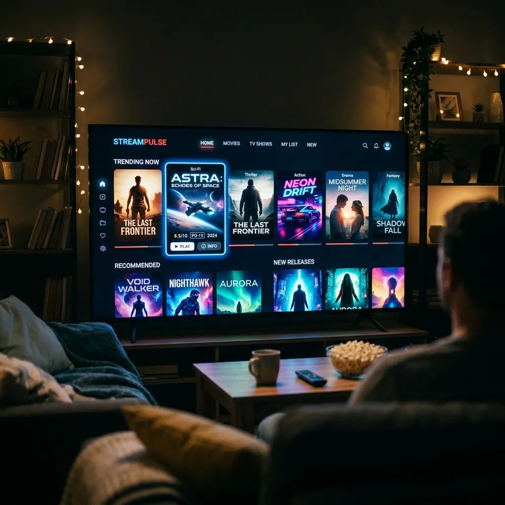 Visual of floating glowing coins and percent discount signs merging into a sleek glowing smart TV in a futuristic setting