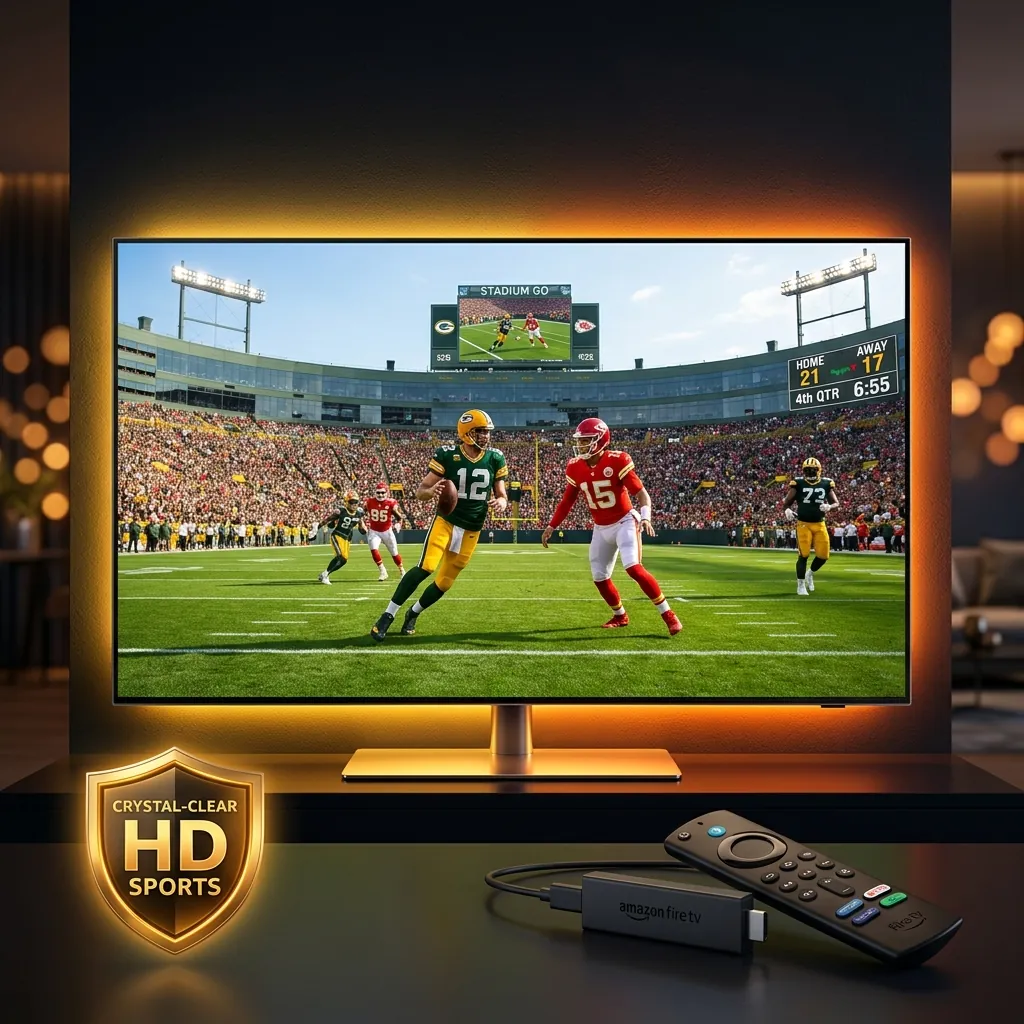 Smart TV displaying crystal-clear HD sports content with amber ambient lighting and streaming devices