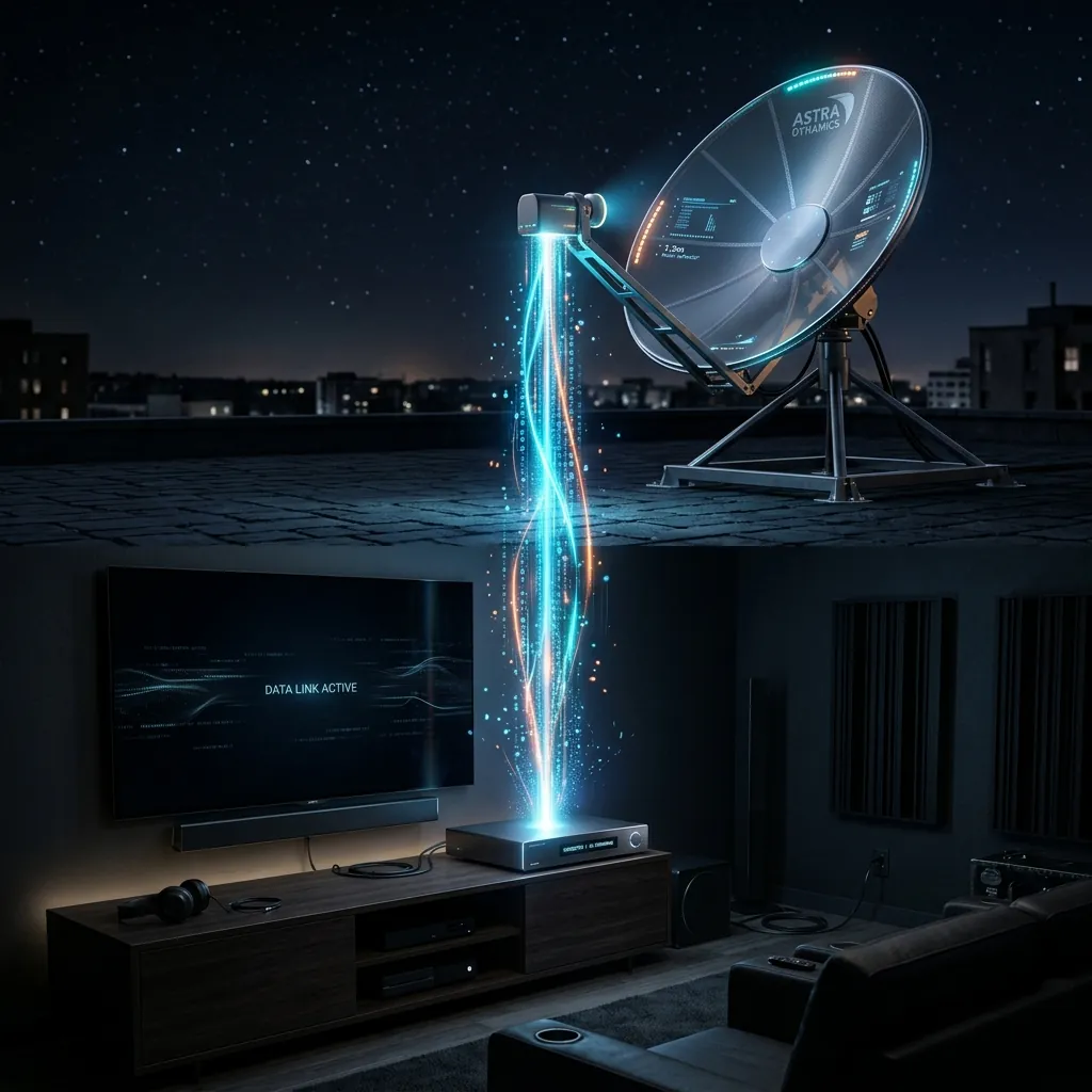 A high-tech digital satellite dish transmitting a glowing, dynamic beam of data down to a premium set-top box in a sophisticated dark setting