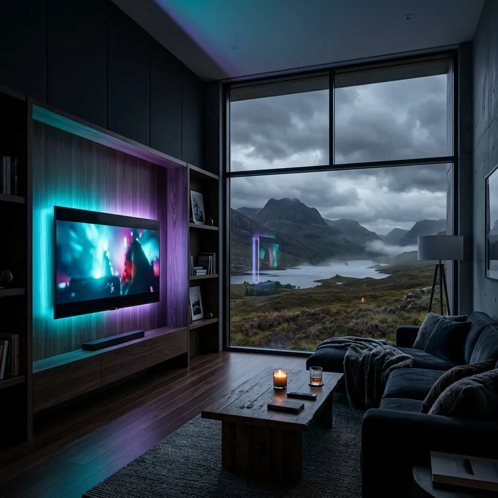 A scenic moody Scottish highland view visible through a large window of a high-tech modern living room with a glowing TV