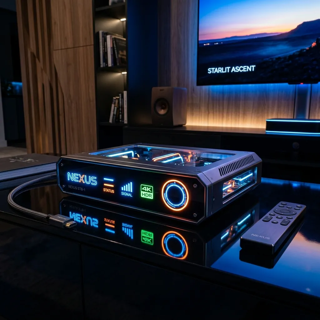 A high-end, futuristic digital set-top box glowing with neon indicator lights, sitting on a dark glossy surface in a premium home entertainment setup
