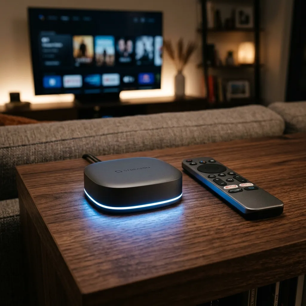Close-up of a sleek, minimalist streaming device (puck-like) glowing on a high-end textured surface next to a remote