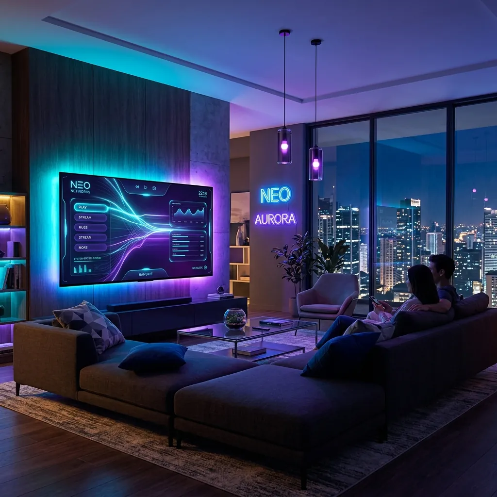 A sleek modern living room with a glowing TV screen displaying a smooth, futuristic UI, contrasting blue and purple neon lights