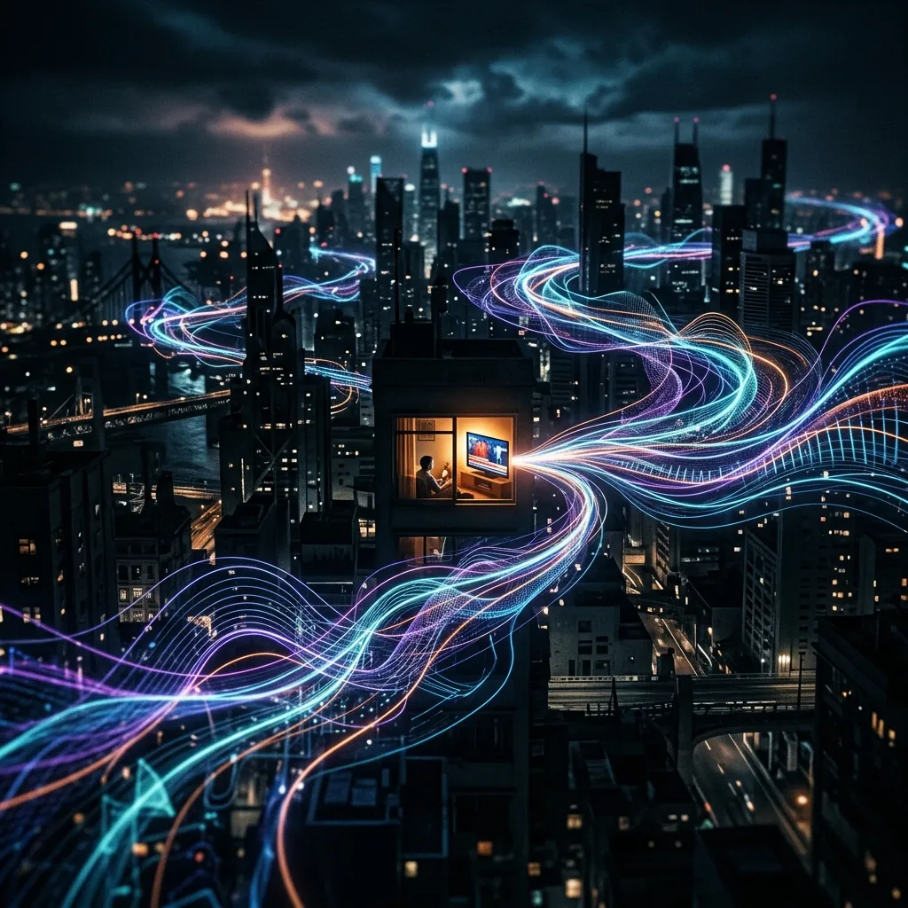 An abstract representation of digital radio waves and broadcast signals weaving through a dark, moody cityscape towards a glowing television screen