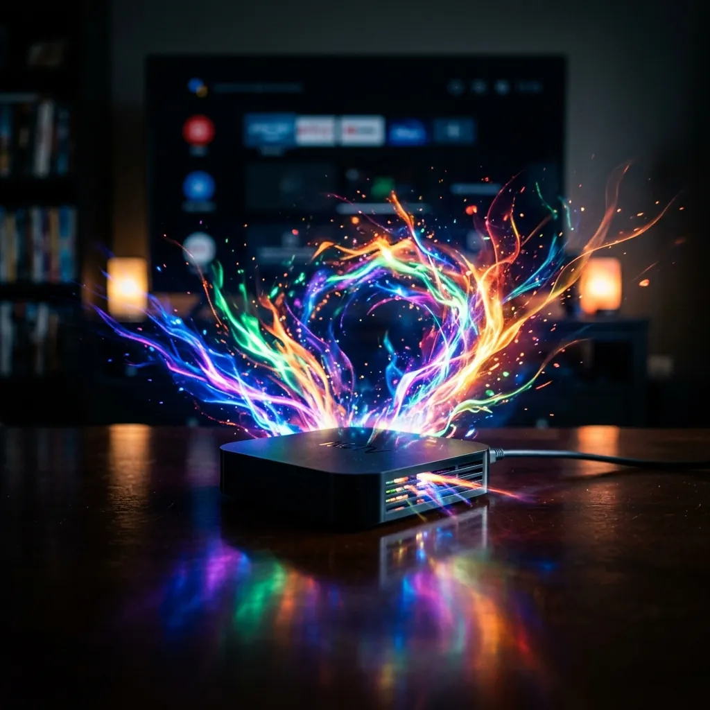 An enigmatic black streaming box with glowing, colourful energy pulsating from it, symbolizing unlocked access to all channels, placed on a dark reflective table