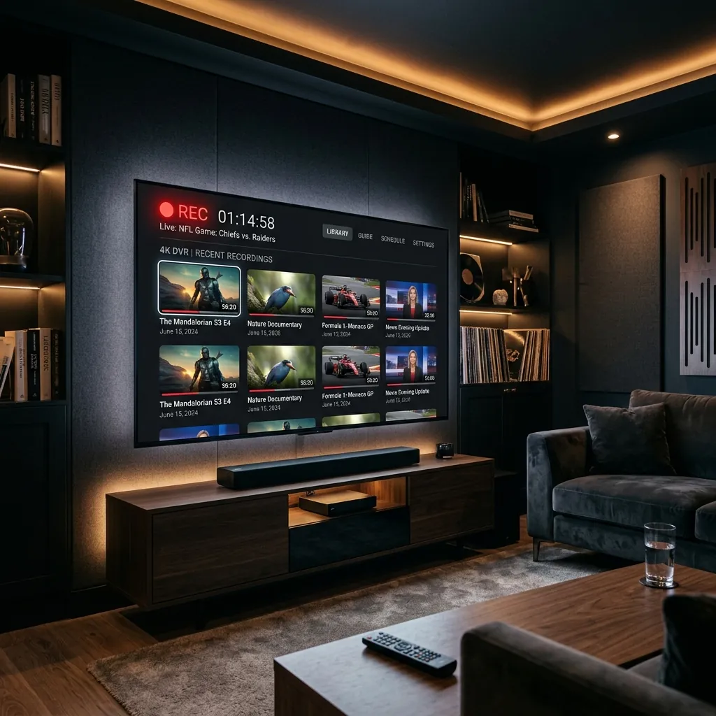 A sleek smart TV displaying a dynamic digital recording interface with a glowing red record light, in a luxurious dark media room