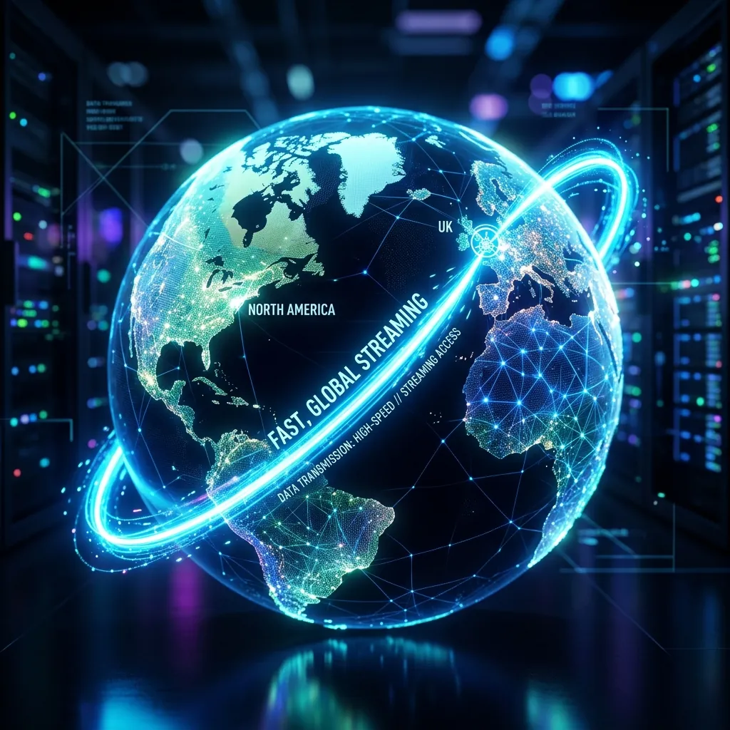 A glowing digital globe with a bright connection line spanning from the UK to another continent, symbolizing fast, global streaming access