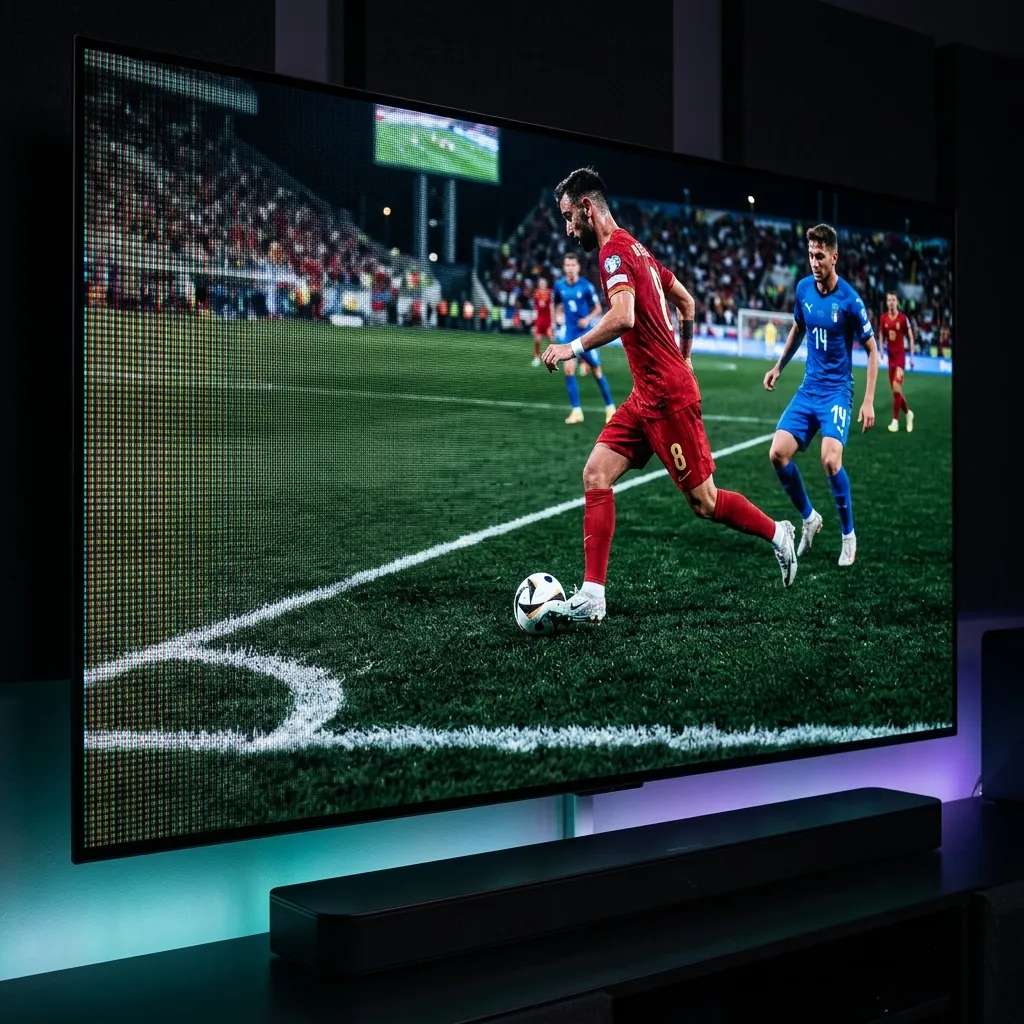 4K Ultra HD football streaming on premium OLED TV showing crystal-clear match detail