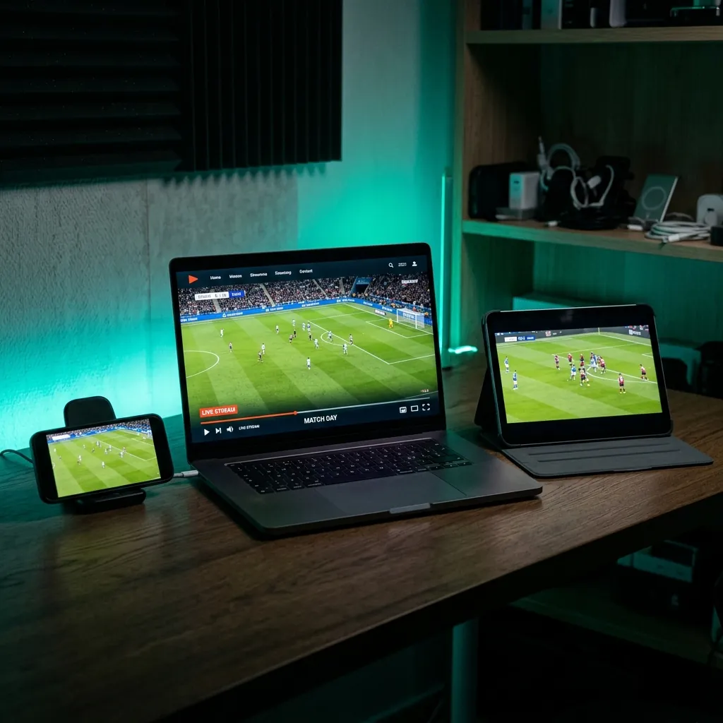 Multiple devices showing World Cup 2026 streaming including laptop, tablet and smartphone with football match