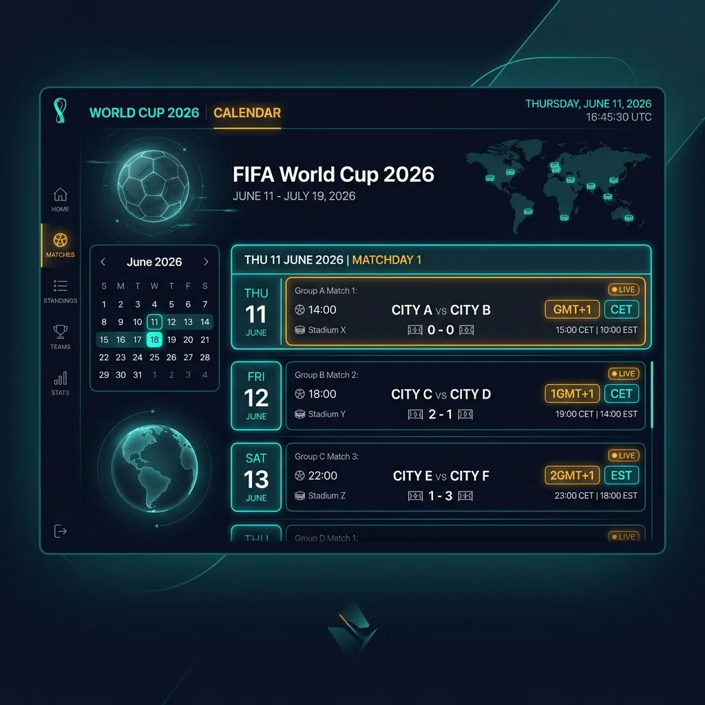 FIFA World Cup 2026 match schedule calendar showing UK kick-off times