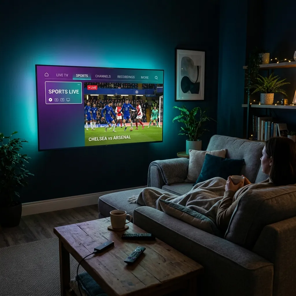 UK viewer watching World Cup 2026 on smart TV with IPTV streaming interface in cozy living room