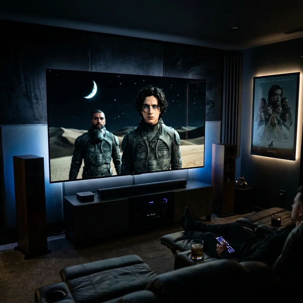 Home cinema with an 8K Ultra HD TV showing razor-sharp detail, Dolby Atmos speakers around the room