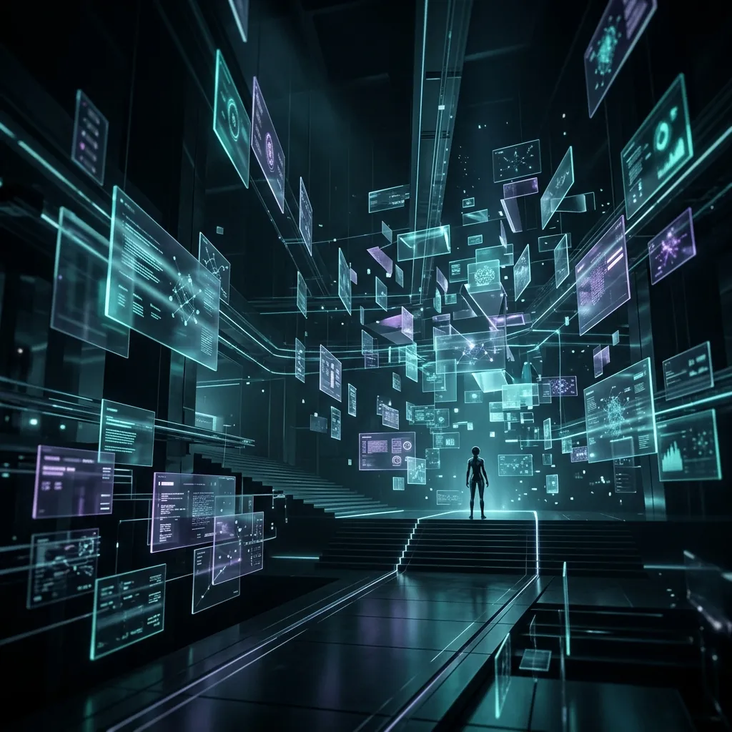 Glowing abstract panels representing a digital library or blog hub