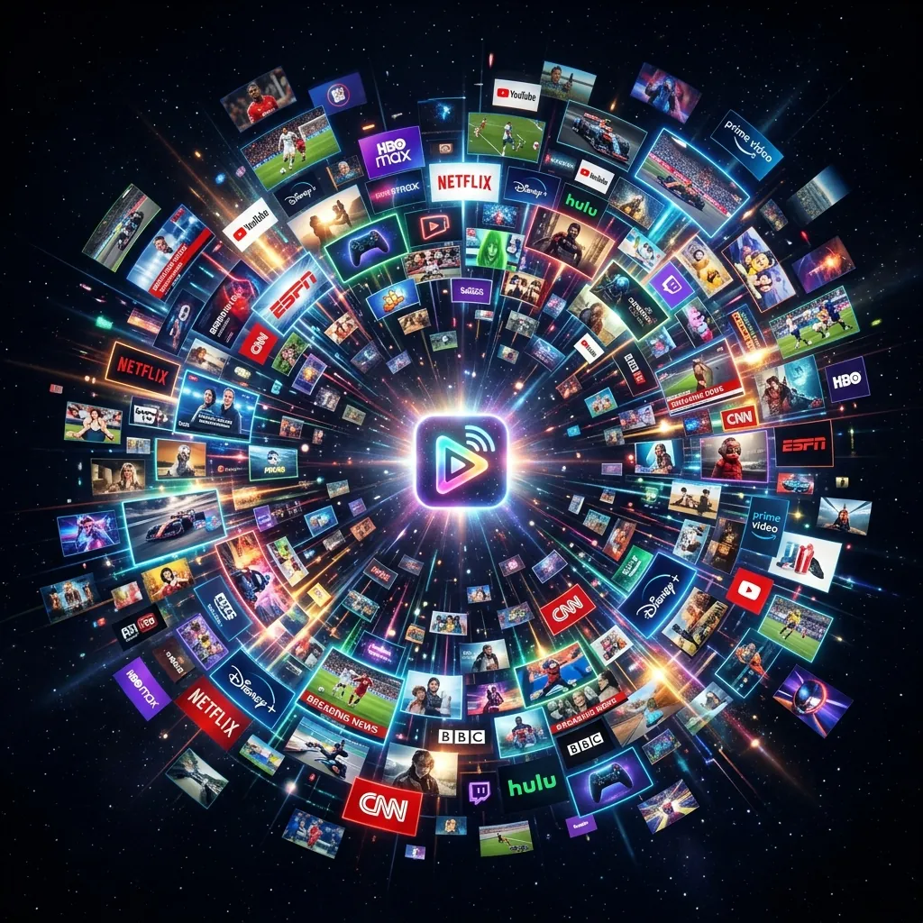A kaleidoscope of vibrant TV channels and digital streams emerging from a single glowing app icon in a dark void