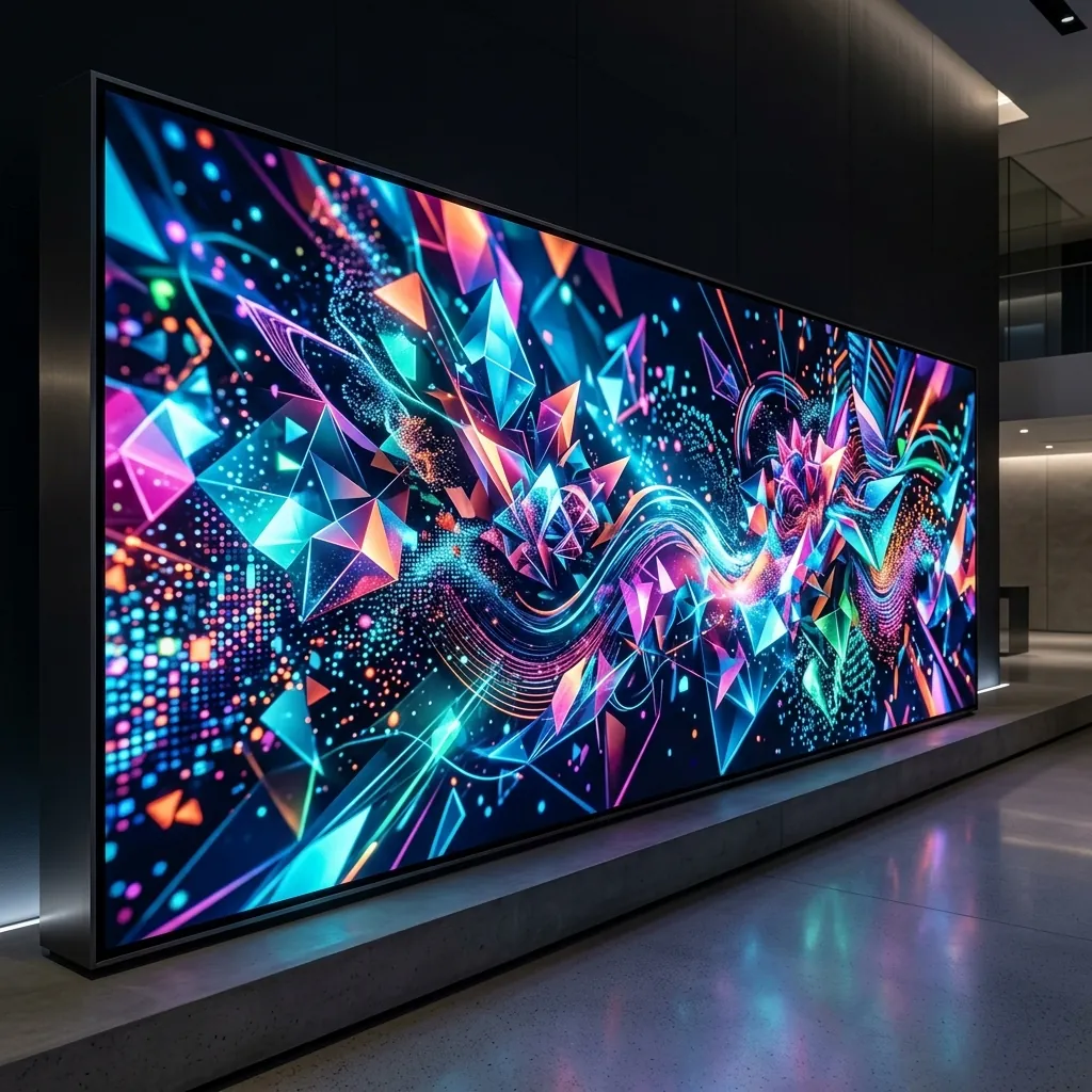 A wide, ultra-crisp abstract display emphasizing high-definition clarity, vibrant pixels, and a sleek aesthetic