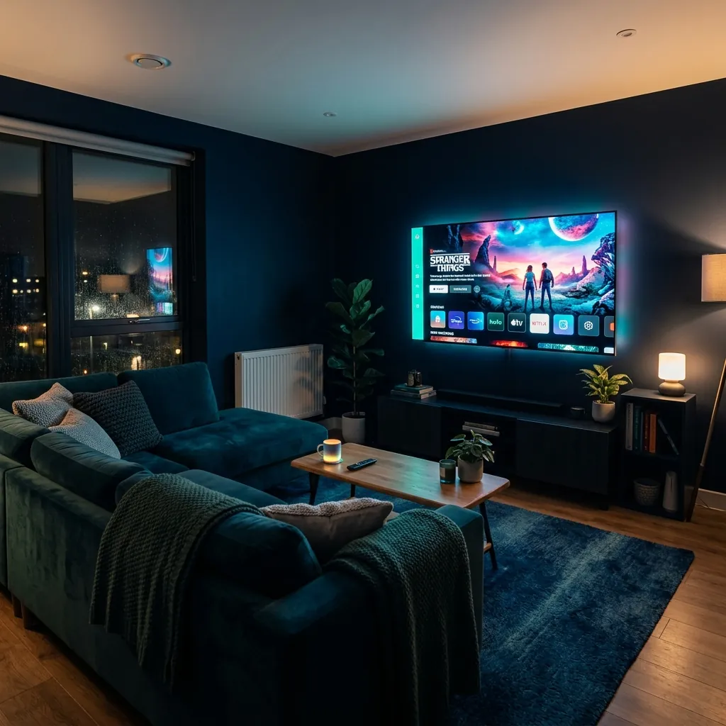 UK living room with a smart TV streaming British channels