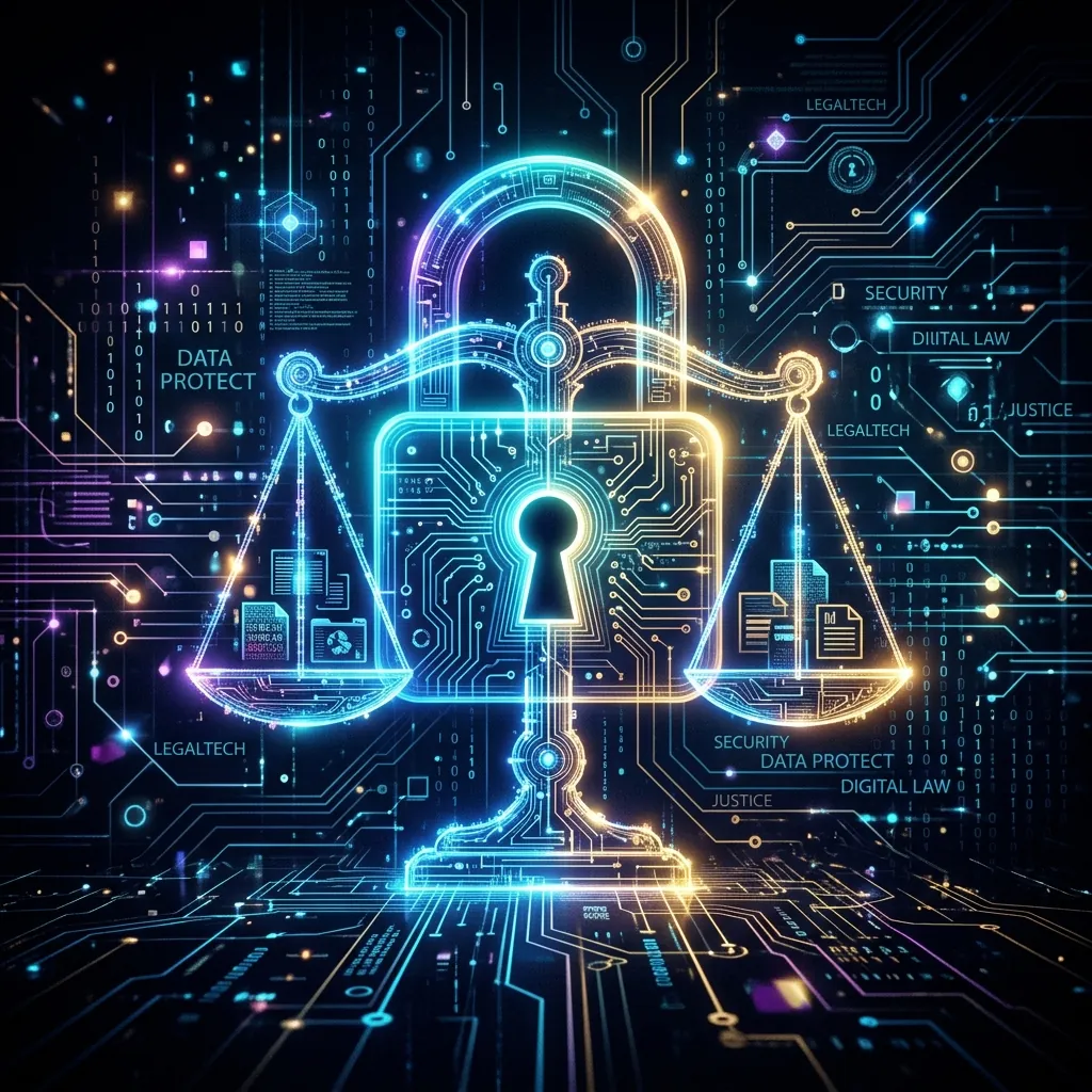 A glowing digital scale of justice and a digital padlock symbol overlaid on a tech background