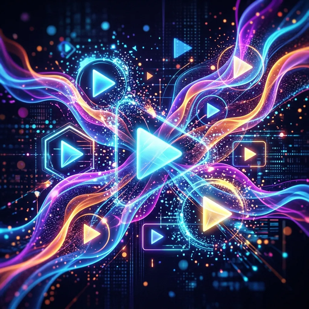 Dynamic, fluid glowing shapes intersecting with abstract digital play buttons to represent a modern viewing experience