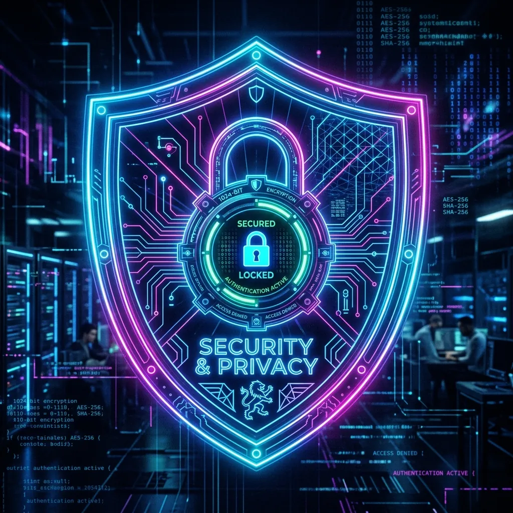 A glowing neon shield with a digital lock at the center to represent top-tier security and privacy
