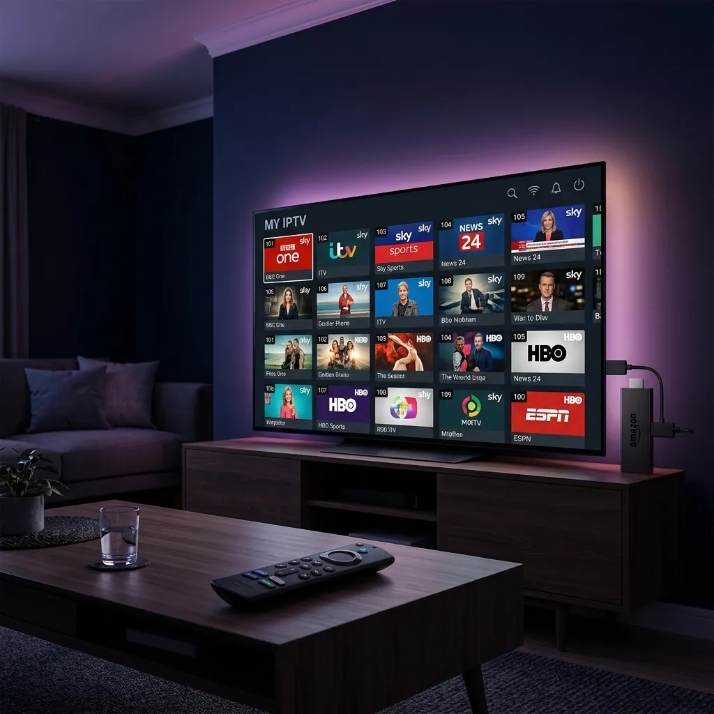 Smart TV displaying an IPTV channel guide with UK channels