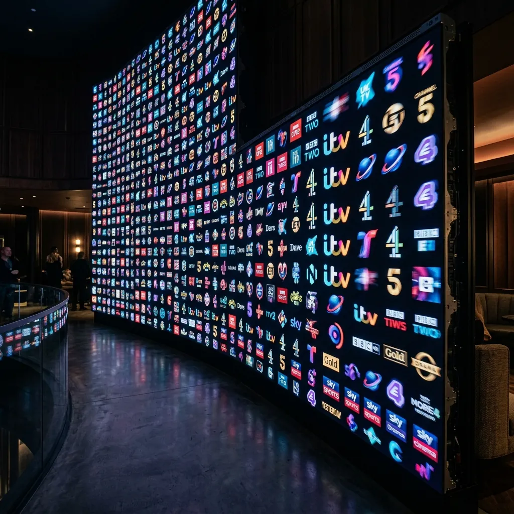 An endlessly scrolling, illuminated digital mosaic of abstract British television channel icons in a premium dark cinematic setting
