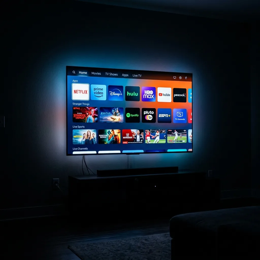 A glowing smart TV screen floating in a dark room, illuminated with vibrant streaming apps and channels